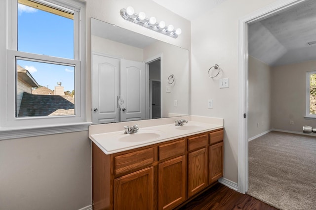 bathroom featuring hardwood / wood-style flooring and vanity