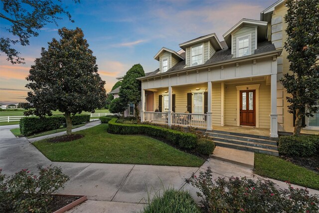 view of front of house with a lawn and a porch