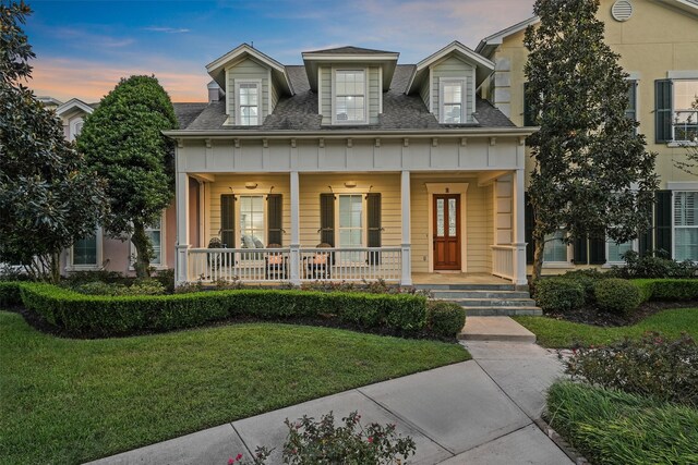 cape cod-style house with a lawn and a porch