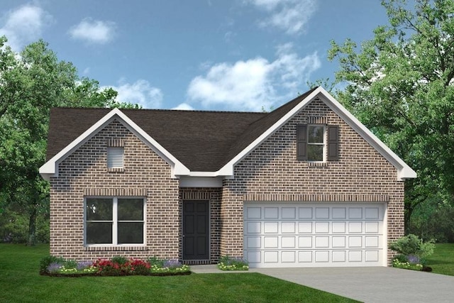 view of front of home featuring a front yard and a garage