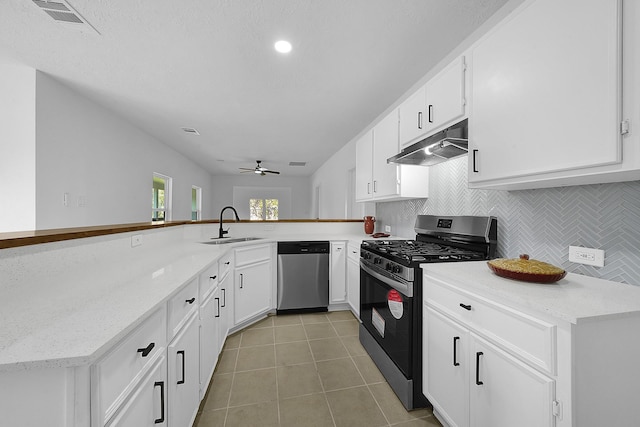 kitchen featuring white cabinets, kitchen peninsula, sink, and appliances with stainless steel finishes