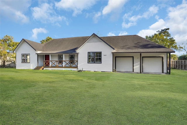 single story home with a front yard, a porch, and a garage