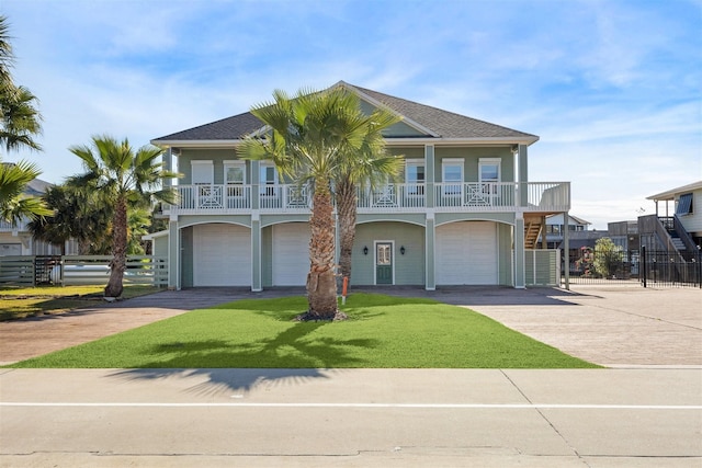 beach home featuring a garage and a front lawn