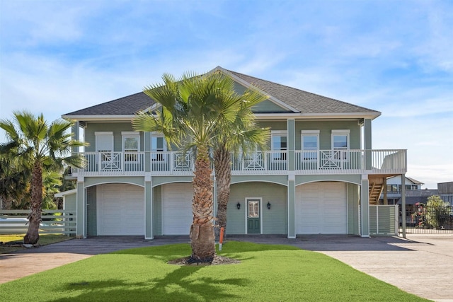 coastal home with a garage and a front yard