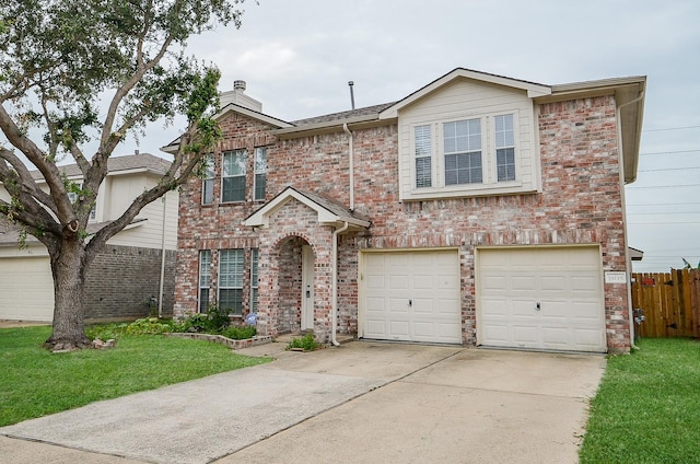 view of front of home with a garage and a front lawn