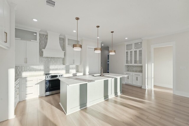 kitchen with white cabinetry, electric stove, premium range hood, and a kitchen island with sink