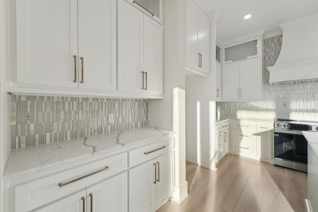 kitchen featuring premium range hood, light hardwood / wood-style flooring, light stone countertops, white cabinetry, and stainless steel appliances