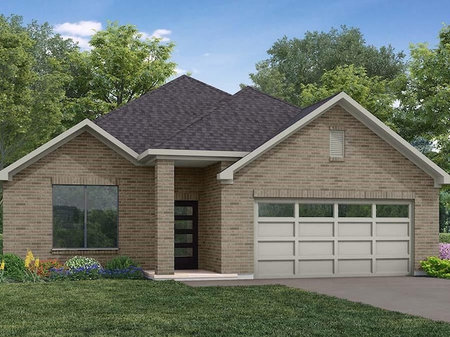 view of front of property featuring an attached garage, brick siding, a shingled roof, driveway, and a front yard