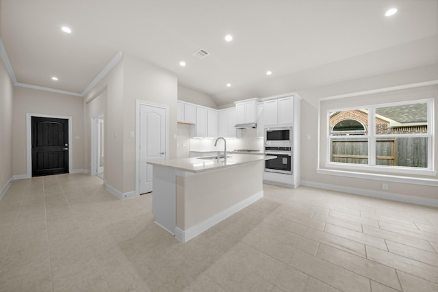 kitchen featuring under cabinet range hood, a sink, white cabinetry, appliances with stainless steel finishes, and an island with sink