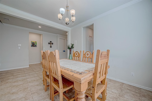 tiled dining room featuring ornamental molding and an inviting chandelier