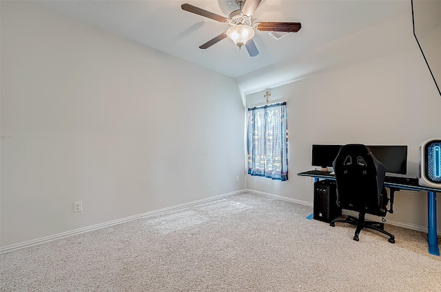 office with light carpet and ceiling fan