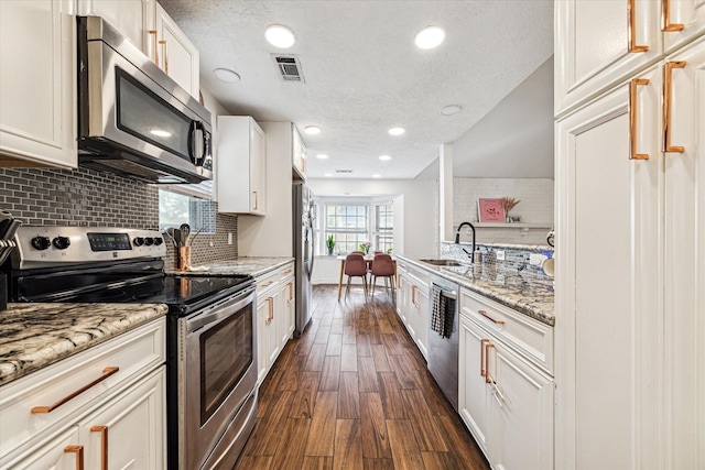 kitchen featuring light stone countertops, appliances with stainless steel finishes, dark hardwood / wood-style floors, and sink