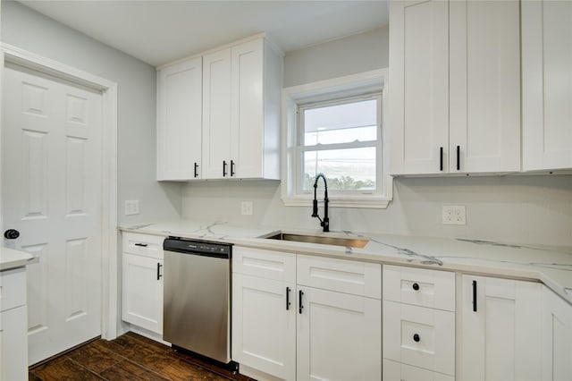 kitchen featuring white cabinets, dishwasher, dark hardwood / wood-style floors, and sink