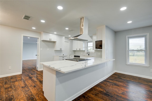 kitchen with kitchen peninsula, dark hardwood / wood-style flooring, and white cabinetry