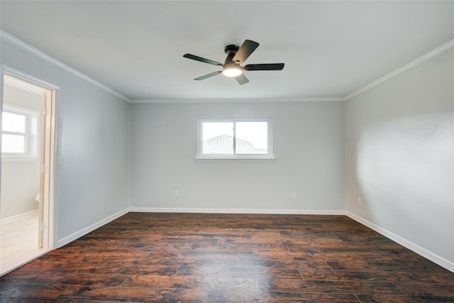 unfurnished room featuring dark hardwood / wood-style flooring, plenty of natural light, crown molding, and ceiling fan