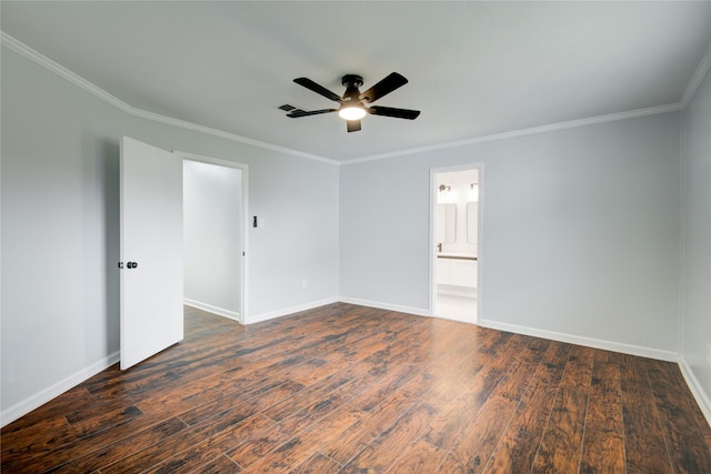 empty room with crown molding, ceiling fan, and dark wood-type flooring