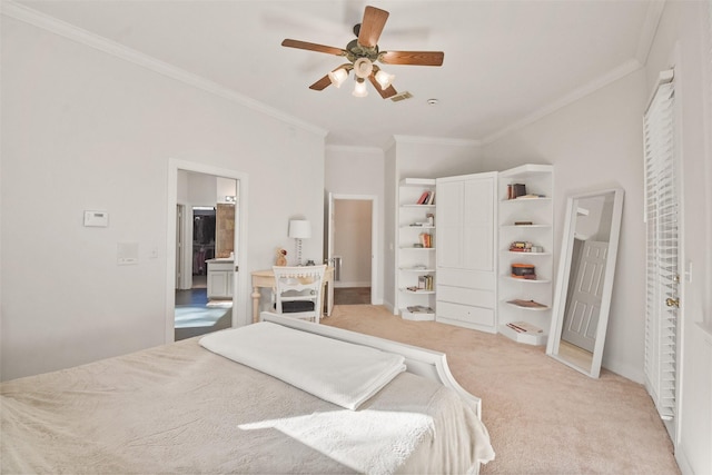 bedroom featuring ceiling fan, light colored carpet, and crown molding