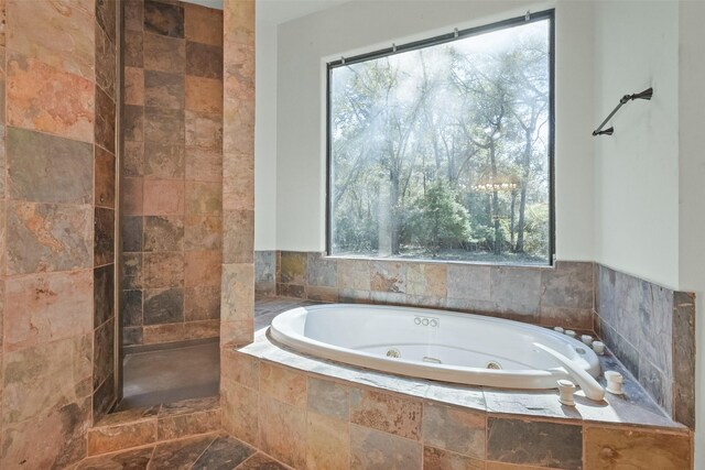 bathroom featuring a wealth of natural light and tiled bath