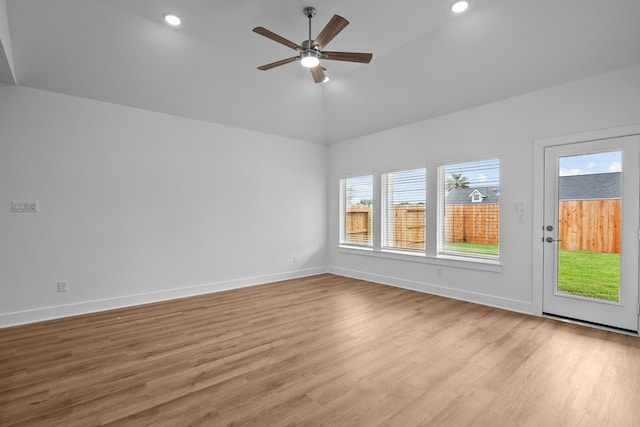 31915 Splendor Dr, Fulshear, TX 77441 - unfurnished room featuring light wood-style flooring, a ceiling fan, recessed lighting, vaulted ceiling, and baseboards