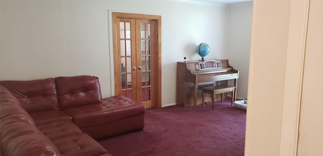 sitting room featuring crown molding, carpet flooring, and french doors