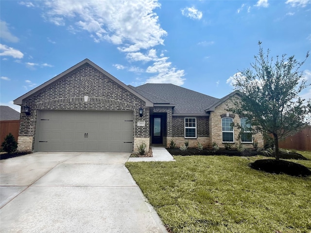 view of front of property featuring a front yard and a garage