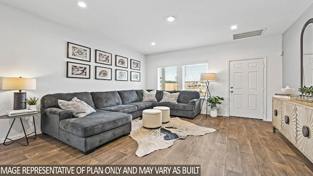 living room featuring dark wood-type flooring