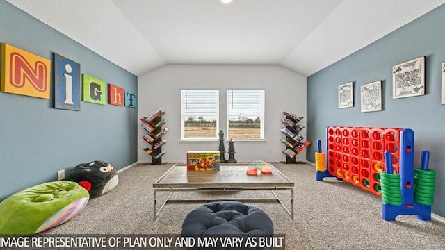 game room with carpet flooring and vaulted ceiling