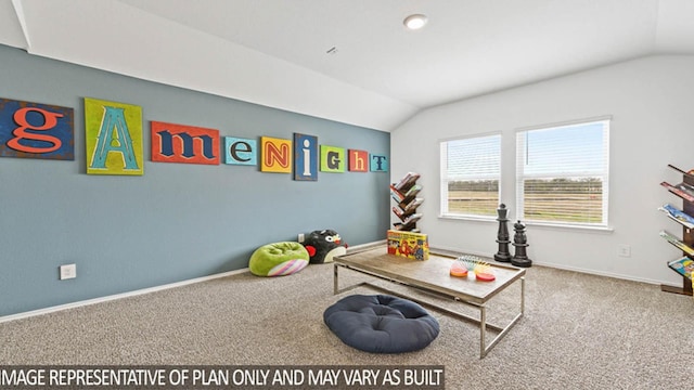 playroom featuring carpet and lofted ceiling