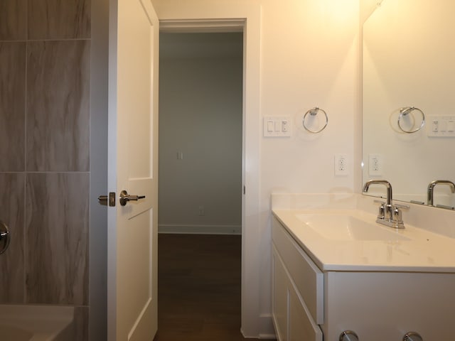 bathroom with wood finished floors and vanity