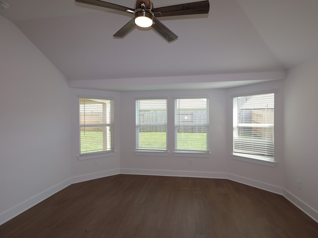 empty room featuring vaulted ceiling, dark wood-type flooring, and a healthy amount of sunlight