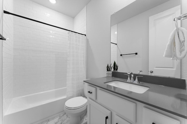 full bathroom with shower / tub combo, vanity, and toilet