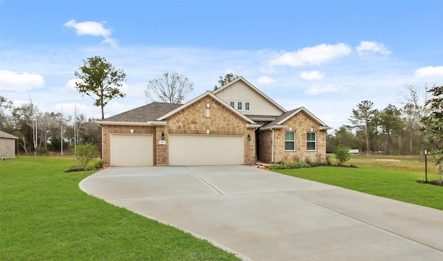 craftsman inspired home featuring a garage and a front lawn