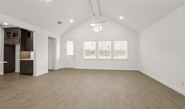 unfurnished living room featuring beamed ceiling, ceiling fan, high vaulted ceiling, and light wood-type flooring