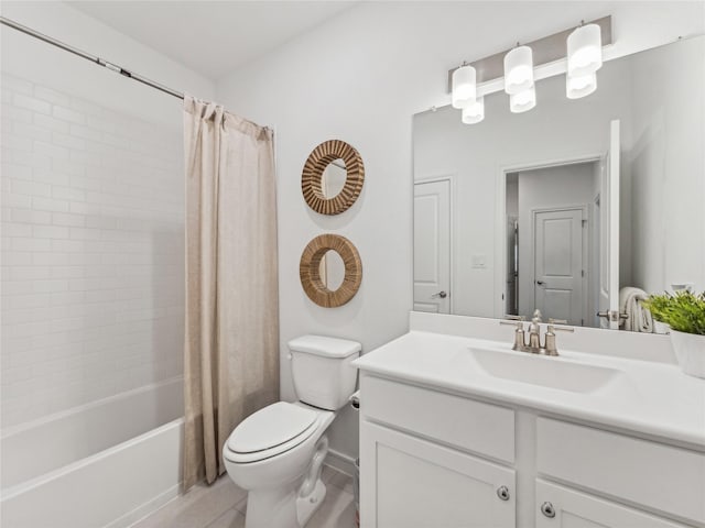 full bathroom featuring tile patterned flooring, vanity, shower / bathtub combination with curtain, and toilet