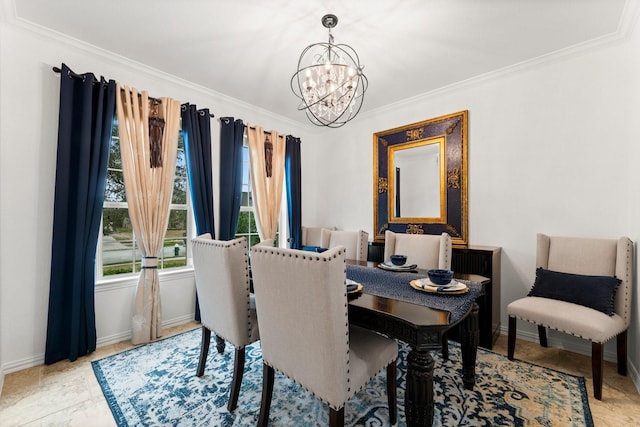 dining space featuring a notable chandelier and crown molding