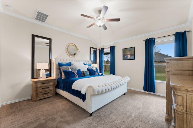 bedroom featuring carpet, ceiling fan, and crown molding