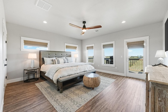 bedroom featuring access to exterior, ceiling fan, and wood-type flooring