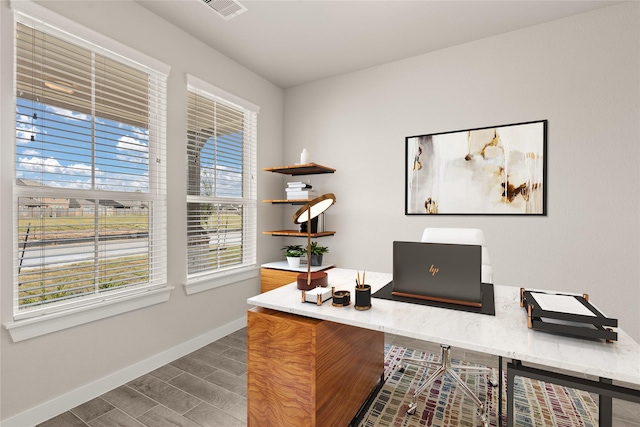 office area with dark hardwood / wood-style flooring