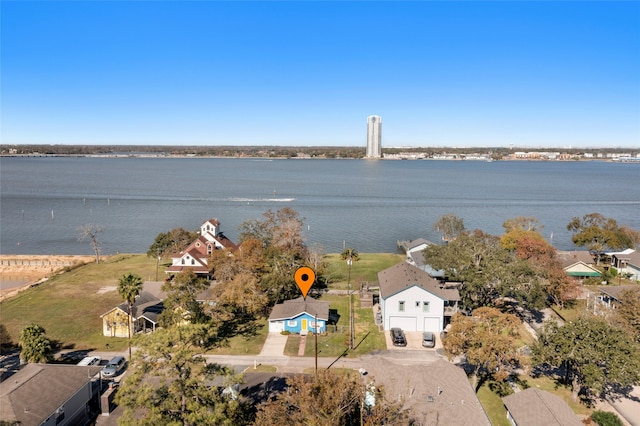 drone / aerial view with a water view