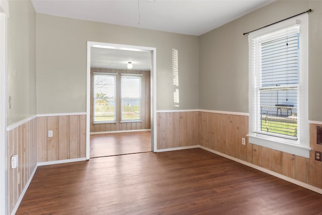 spare room featuring wooden walls, dark hardwood / wood-style flooring, and a healthy amount of sunlight