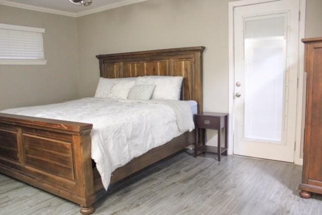 bedroom with crown molding and wood-type flooring