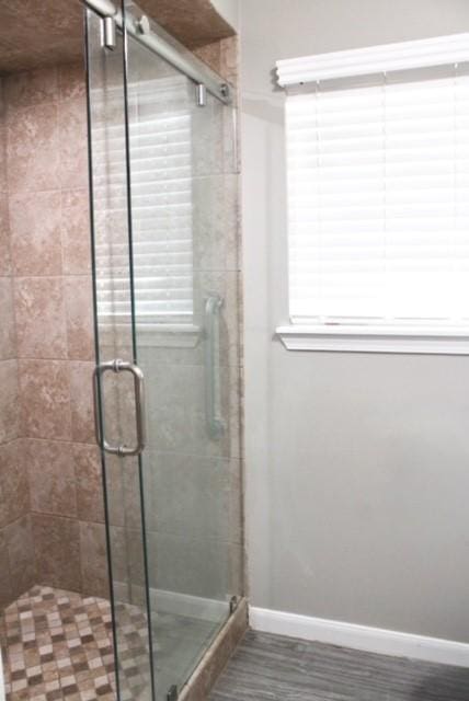 bathroom featuring wood-type flooring and walk in shower