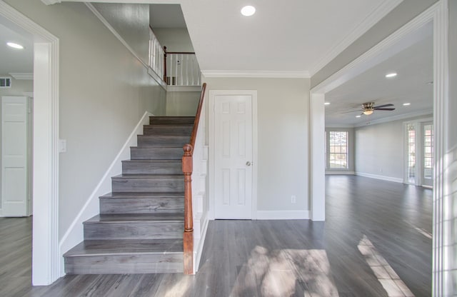 staircase featuring hardwood / wood-style flooring, ceiling fan, and ornamental molding