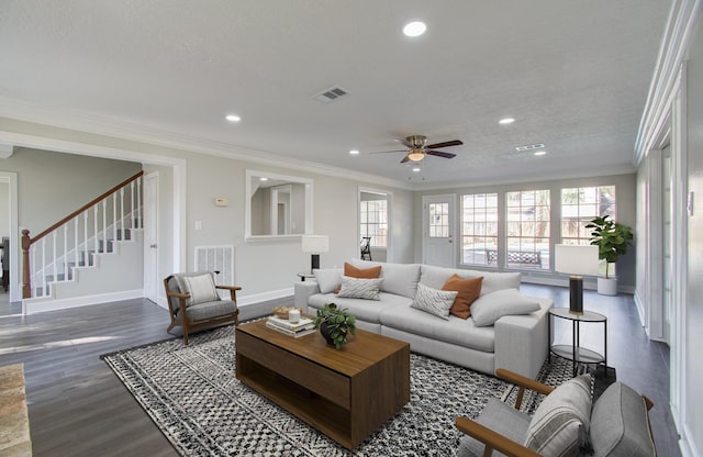 living room featuring ceiling fan, hardwood / wood-style floors, a textured ceiling, and ornamental molding