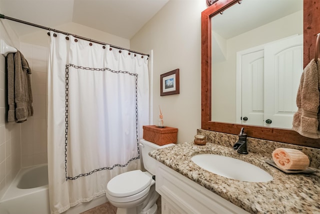 full bathroom featuring vanity, toilet, lofted ceiling, and shower / tub combo with curtain