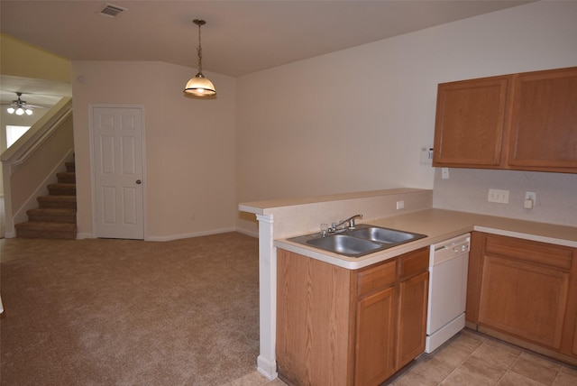 kitchen featuring light carpet, kitchen peninsula, white dishwasher, sink, and pendant lighting