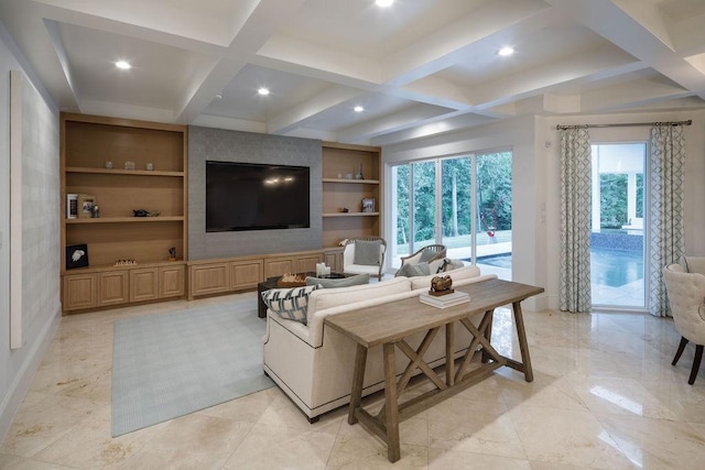 living room featuring beamed ceiling, built in shelves, and coffered ceiling