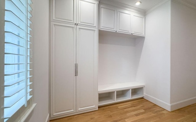 mudroom featuring crown molding and light hardwood / wood-style flooring