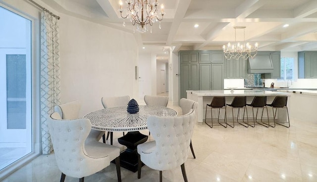 dining room featuring sink, beamed ceiling, a chandelier, and coffered ceiling