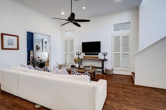 living room with ceiling fan, dark hardwood / wood-style flooring, and ornamental molding